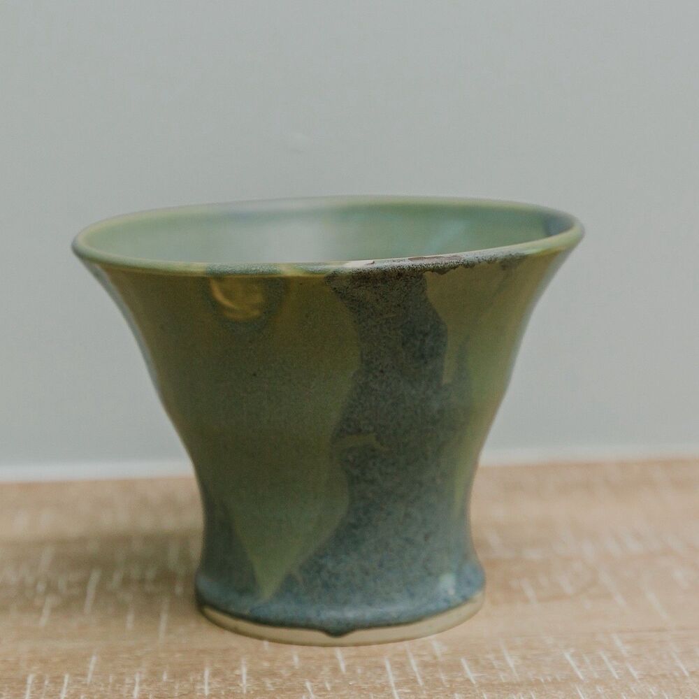 Signed Handmade Studio Pottery Cup Planter Green Blue Glaze